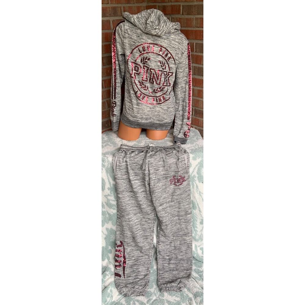 Victorias Secret PINK Zip Hoodie & Campus Pant Sequin Bling sz M/S Marled Gray - Picture 3 of 3